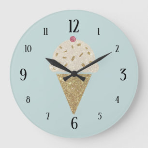 Grande Horloge Ronde Glitter Cute Ice Cream Cone on Pale Blue