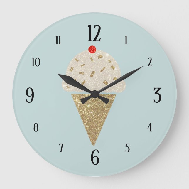 Grande Horloge Ronde Glitter Ice Cream Cone Red Cherry on Blue (Recto)