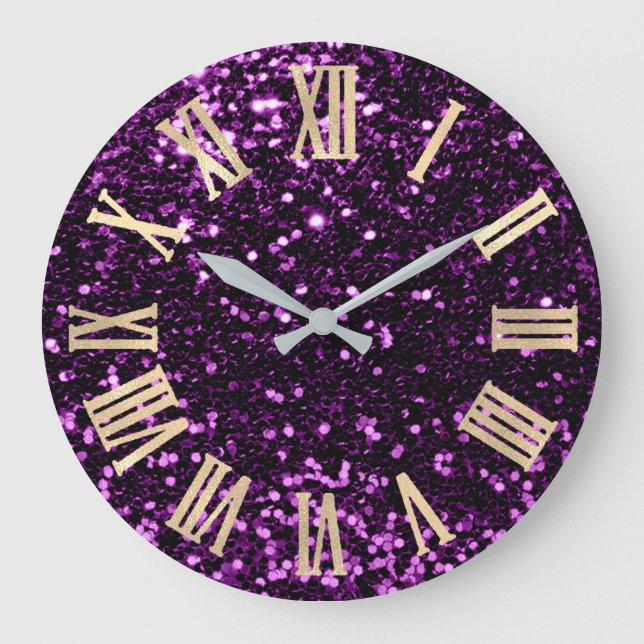 Grande Horloge Ronde Glitter Metallic Roman Numbers Purple Plum Gold (Recto)