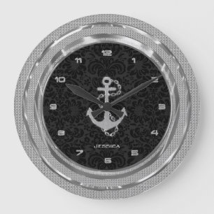 Grande Horloge Ronde Glitter Nautical Anchor Black Background
