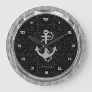 Grande Horloge Ronde Glitter Nautical Anchor noir