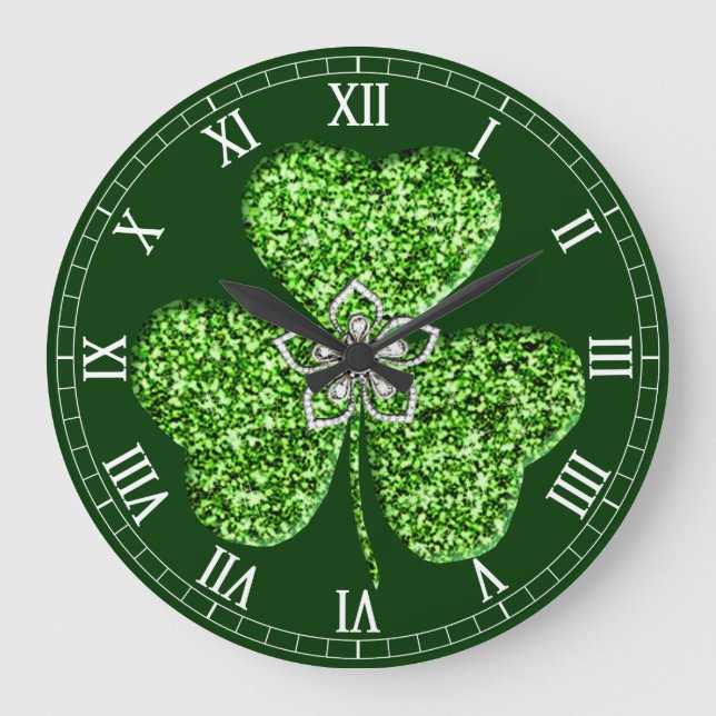 Grande Horloge Ronde Glitter Shamrock And Flower Roman Numeral Clock (Recto)