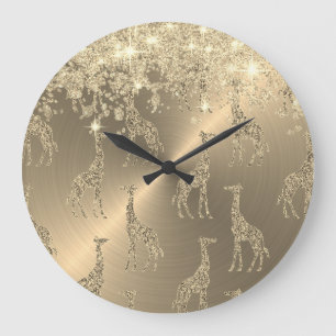 Grande Horloge Ronde Glitterie Giraffes sur Glitzy Gold          