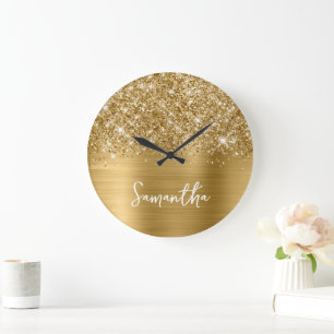 Grande Horloge Ronde Glittery Gold Glam Nom du script blanc