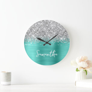 Grande Horloge Ronde Glittery Silver Turquoise Glam White Script Nom