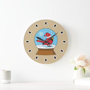 Grande Horloge Ronde Globe des neiges avec cardinal rouge mignon