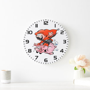 Grande Horloge Ronde Gnome de dessin animé drôle chevauchant un cochon 