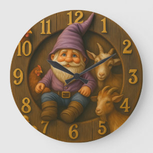 Grande Horloge Ronde Gnome et animaux de ferme dans une scène de jardin