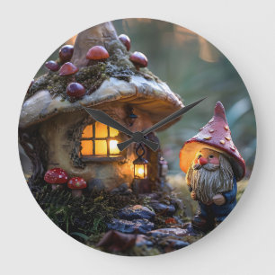 Grande Horloge Ronde Gnome et une maison de champignons, design imagina
