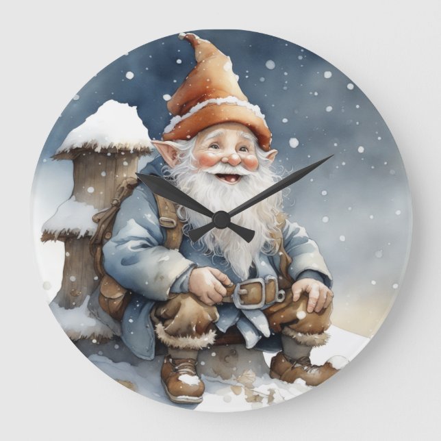Grande Horloge Ronde Gnome mignonne assis près d'un arbre dans la neige (Recto)