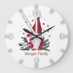Grande Horloge Ronde Gnome Sapin Branches Étoiles Noël