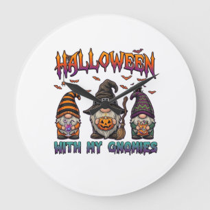 Grande Horloge Ronde Gnomes d'Halloween Trois Gnomes Chapeau de Sorcièr