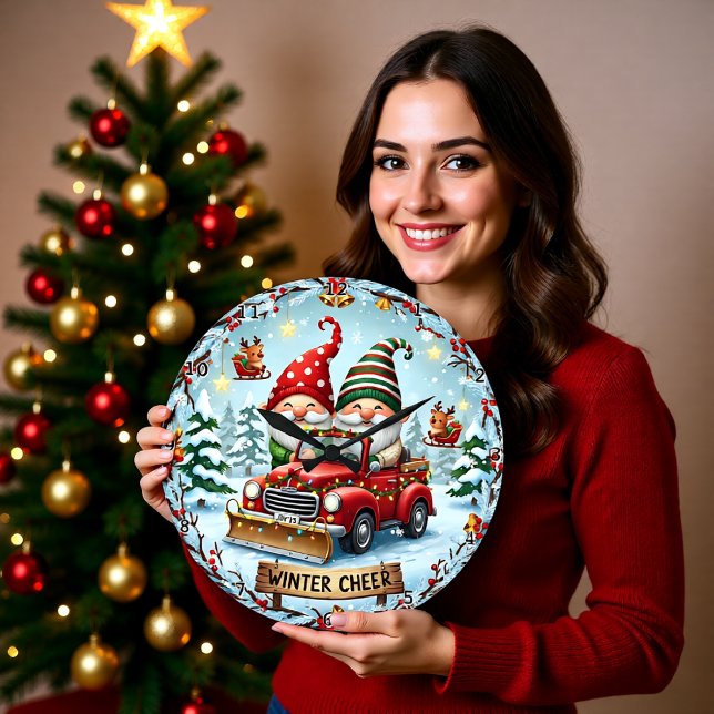 Grande Horloge Ronde Gnomes Red Truck Winter (Créateur téléchargé)