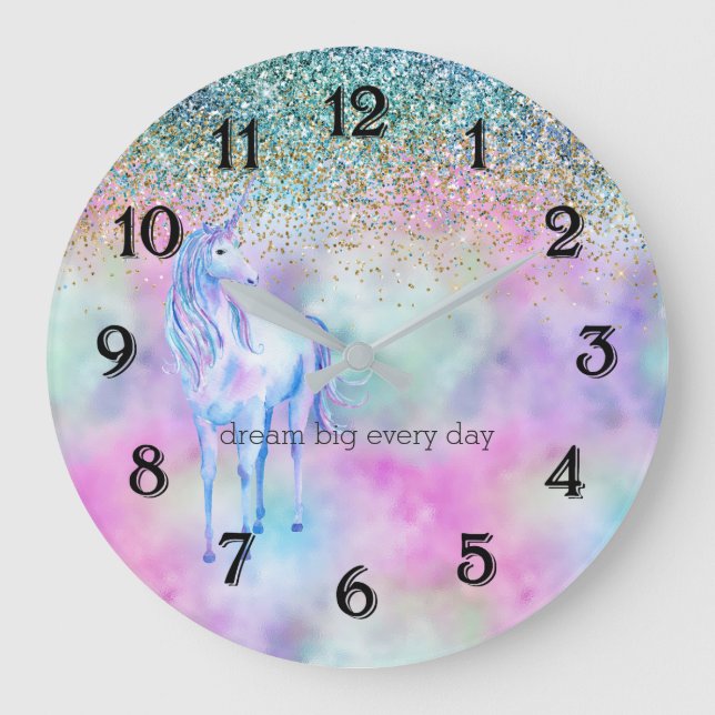 Grande Horloge Ronde Gold Aqua Parties scintillant violet blanc Unicorn (Recto)
