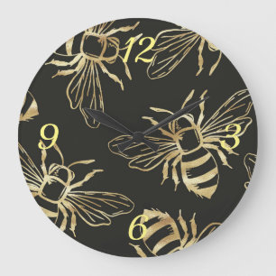 Grande Horloge Ronde Gold Bees, sur un Arrière - plan noir.