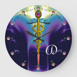 Grande Horloge Ronde GOLD CADUCEUS Medical Symbol Blue Purple Monogram