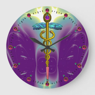Grande Horloge Ronde GOLD CADUCEUS Medical Symbol Purple Green Teal