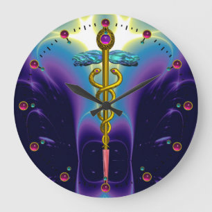 Grande Horloge Ronde GOLD CADUCEUS Medical Symbole Blue Purple Waves