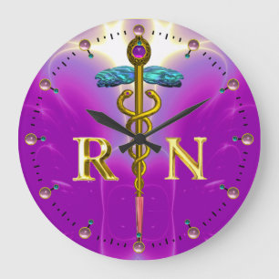 Grande Horloge Ronde GOLD CADUCEUS SYMBOLE INFIRMIER ENREGISTRÉ, Pink F