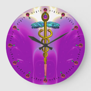 Grande Horloge Ronde GOLD CADUCEUS Symbole médical Vibrant Pink Fuchsia