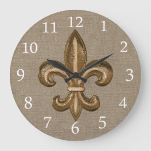Grande Horloge Ronde Gold Fleur de Lis Faux Burlap
