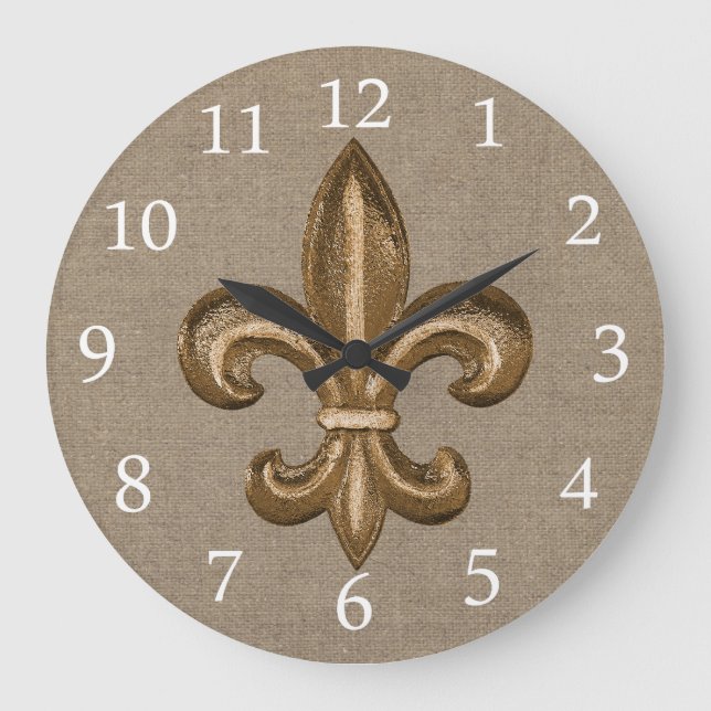 Grande Horloge Ronde Gold Fleur de Lis Faux Burlap (Recto)