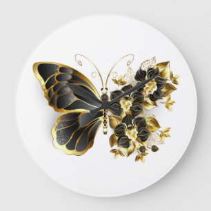 Grande Horloge Ronde Gold flower Butterfly with Black Orchid