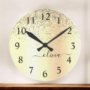 Grande Horloge Ronde Gold Glitter Metal Monogram Glam Name