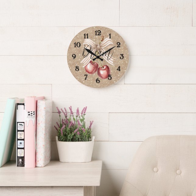 Grande Horloge Ronde Gold Glitter Red Cherries (Salle de lecture)