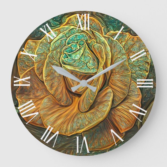 Grande Horloge Ronde Gold Green Moderne Unique Rose Art Dream (Recto)