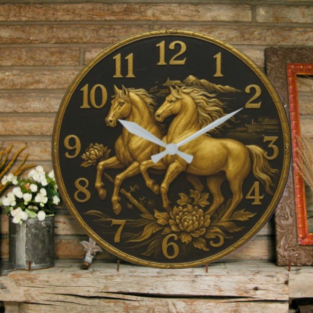 Grande Horloge Ronde Gold horse plated equestrian elegant rustic luxury (Créateur téléchargé)