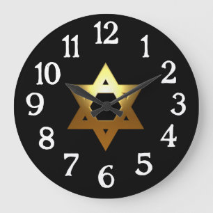 Grande Horloge Ronde Gold Jewish Star Arrière - plan noir