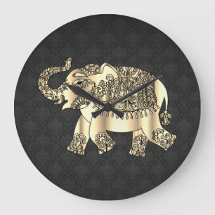 Grande Horloge Ronde Gold Paisley Floral Elephant