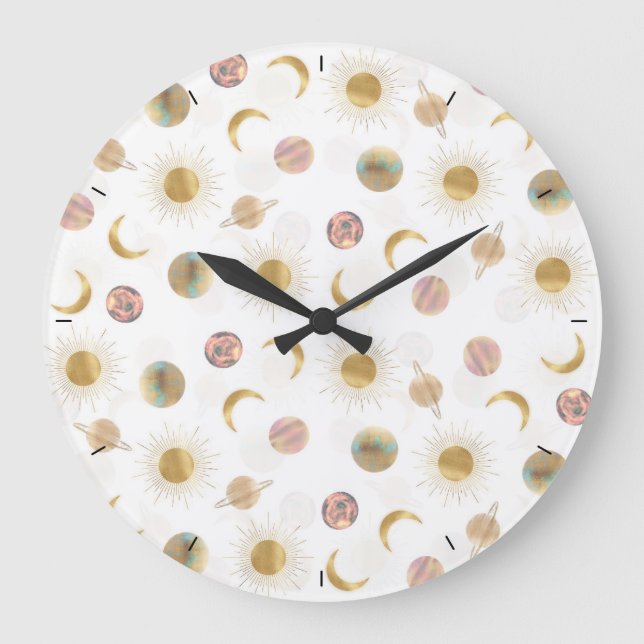 Grande Horloge Ronde Gold Sun Moon Planètes Space Illustration blanche (Recto)