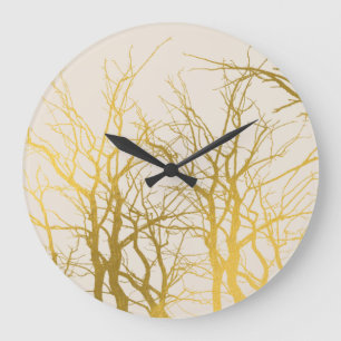 Grande Horloge Ronde Gold Tree Branches Motif Arrière - plan beige