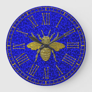 Grande Horloge Ronde Goldbee Blue Rococo Pattern Large Clock