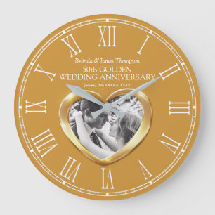 Grande Horloge Ronde Golden 50e anniversaire mariage coeur photo person