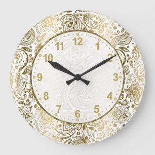 Grande Horloge Ronde Golden and White Floral Paisley Large Clock