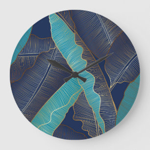 Grande Horloge Ronde Golden Banana Leaf : Motif de luxe.