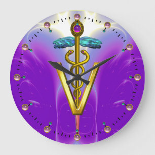 Grande Horloge Ronde GOLDEN CADUCEUS VETERINARY SYMBOLE / Blue Purple
