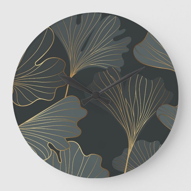 Grande Horloge Ronde Golden Ginkgo : Luxueux Déco Floral. (Recto)