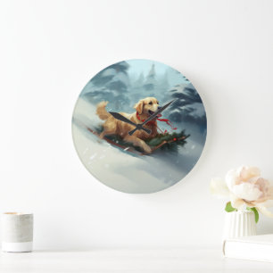 Grande Horloge Ronde Golden Retriers Noël neige hiver