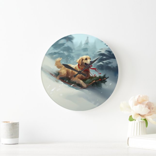 Grande Horloge Ronde Golden Retriers Noël neige hiver (Maison)