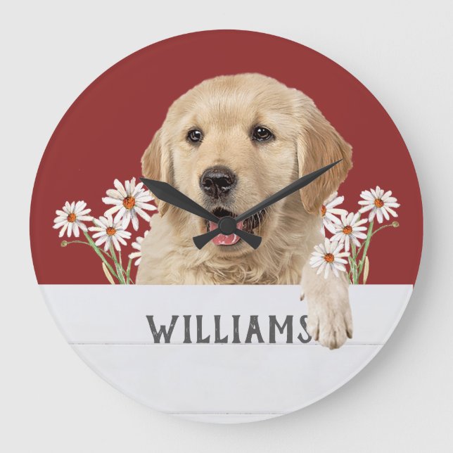 Grande Horloge Ronde Golden Retriever Avec Daises (Recto)