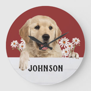 Grande Horloge Ronde Golden Retriever Avec Daises