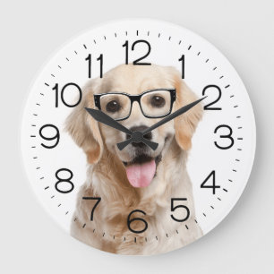 Grande Horloge Ronde Golden Retriever avec lunettes