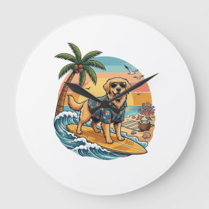 Grande Horloge Ronde Golden Retriever Chien Surfant Planche de Surf Cou