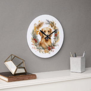 Grande Horloge Ronde Golden Retriever Christmas Wreath Festive Pup