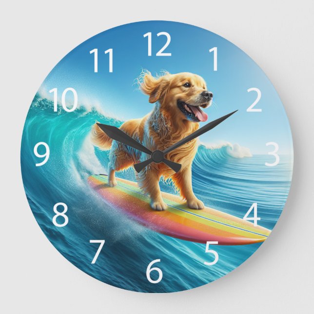 Grande Horloge Ronde Golden Retriever de surf cool (Recto)