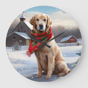 Grande Horloge Ronde Golden Retriever Dog in Snow Christmas